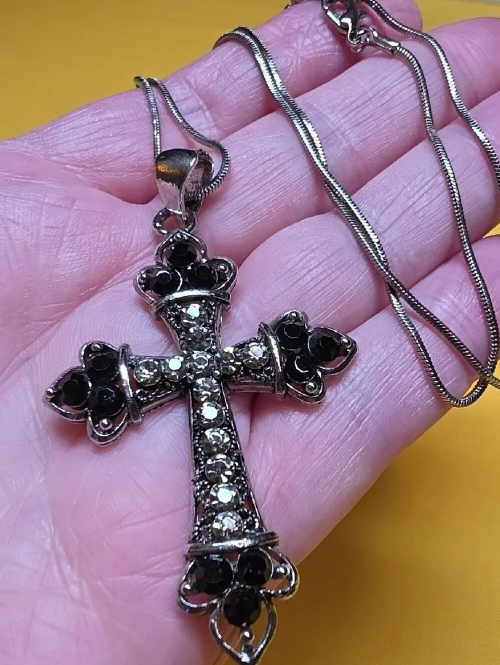 Gothic Rhinestone Cross & Maroon Pearl Faceted Pendant Necklaces ▪︎ Lot of 2